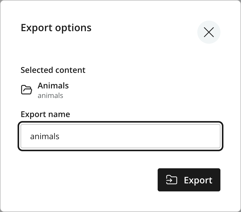 Export options dialog with Animals selected and animals as the export name