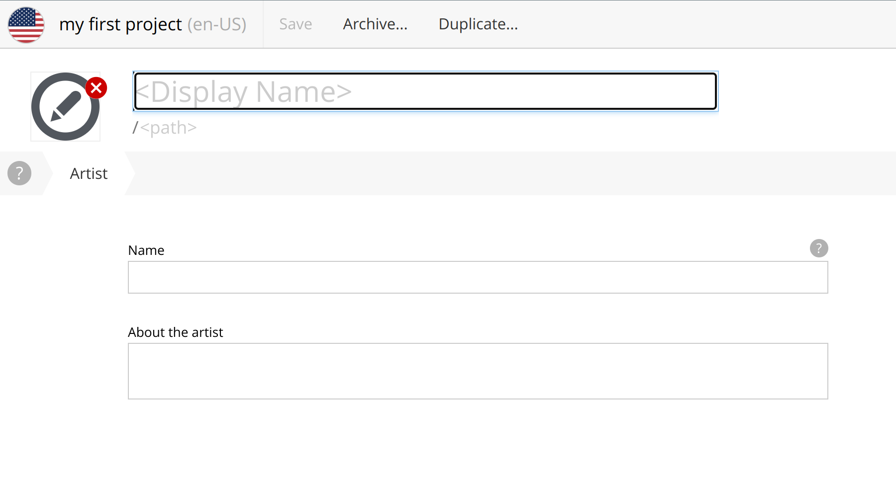 A content creation form with name and biography fields