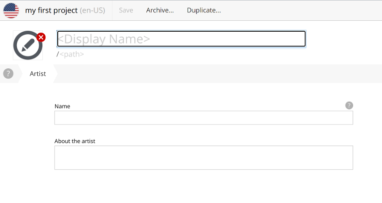A content creation form with name and biography fields