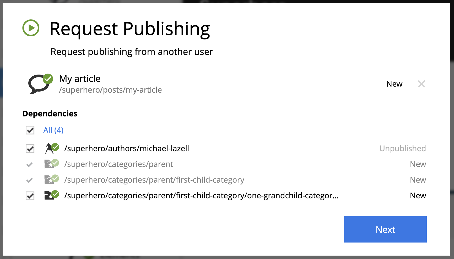 Publish Request wizard — step 1