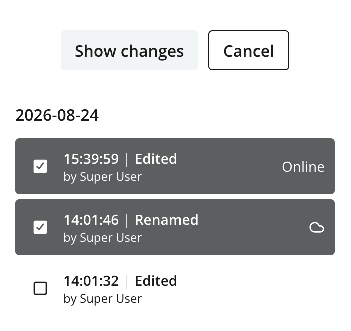 Two historical versions selected and a show changes button