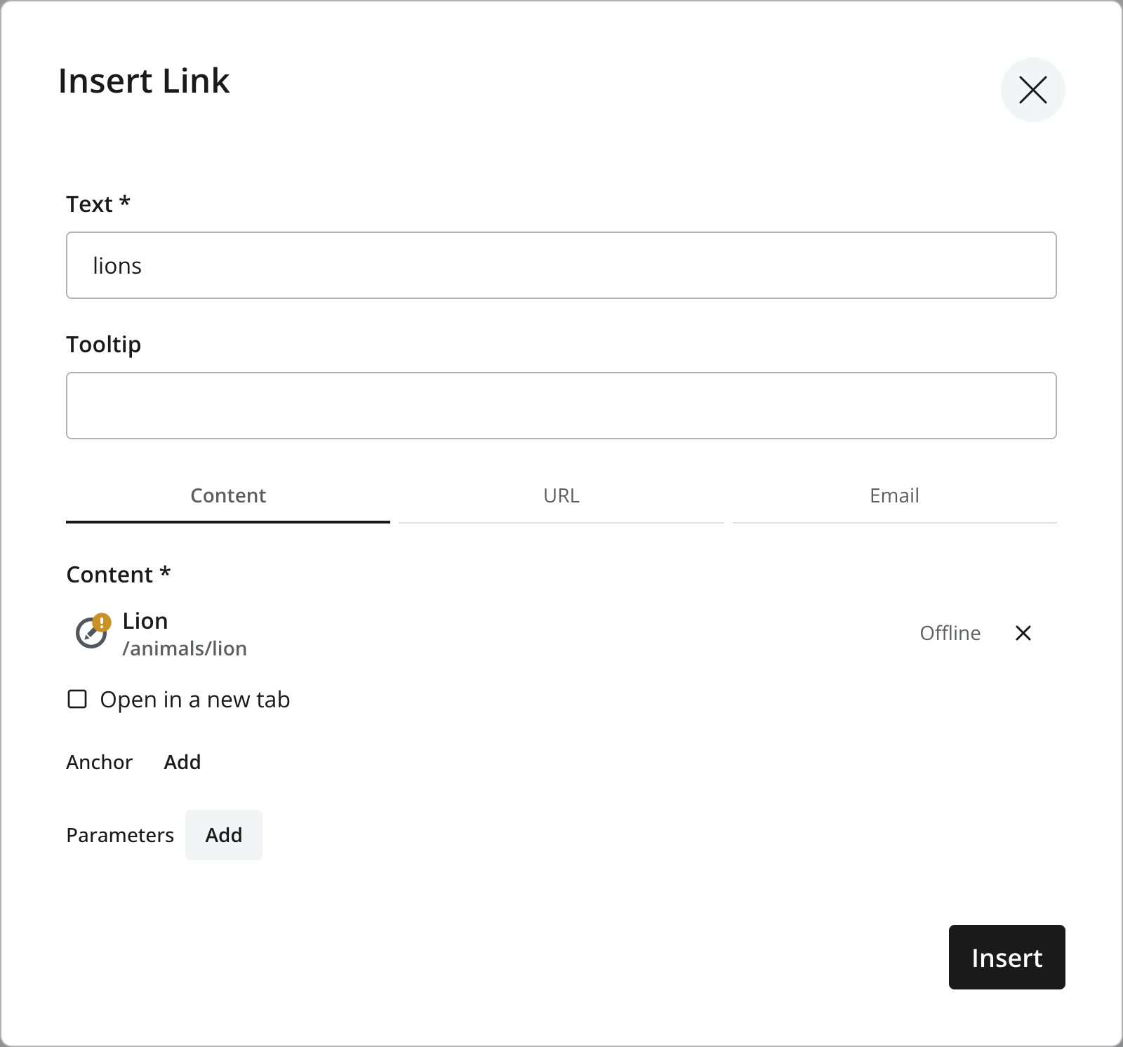 Insert Link dialog with lions as the text and Lion at /animals/lion as the selected content