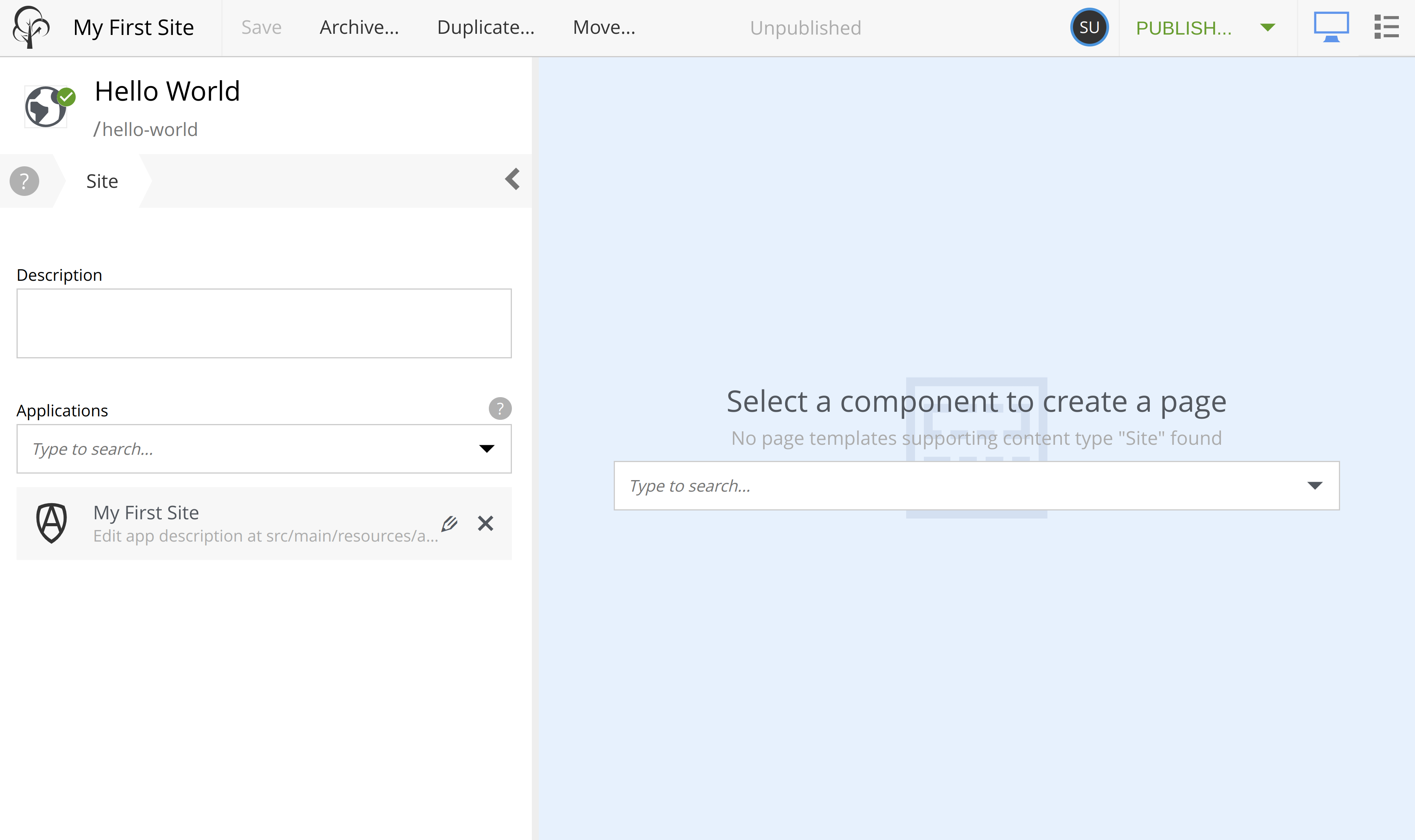 Root hello world content with the my first site app assigned to it