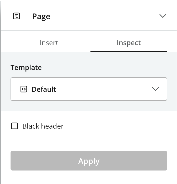 Page settings with the Default Page component selected and a Black header configuration field