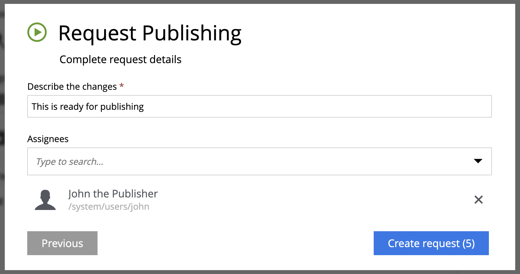 Publish Request wizard — step 2
