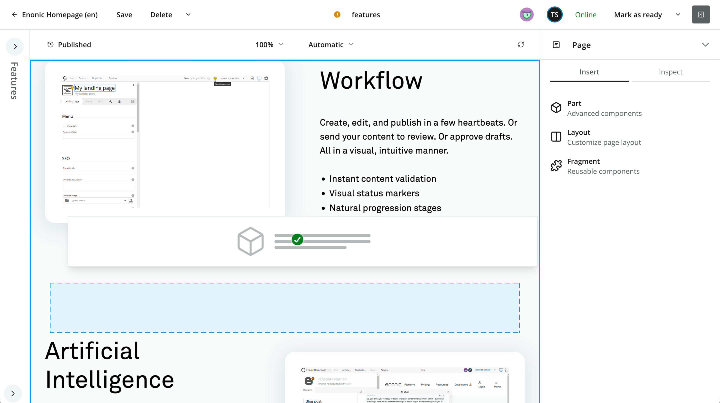 Dragging a Part from the Insert tab to a valid drop location in the page preview