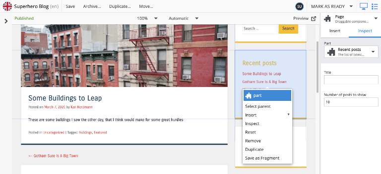 Page component context menu