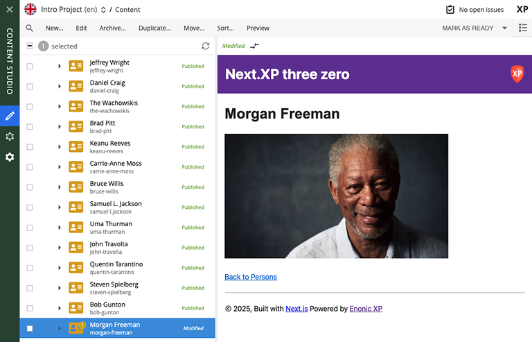 Next.js-rendered preview in Content Studio morgan freeman preview