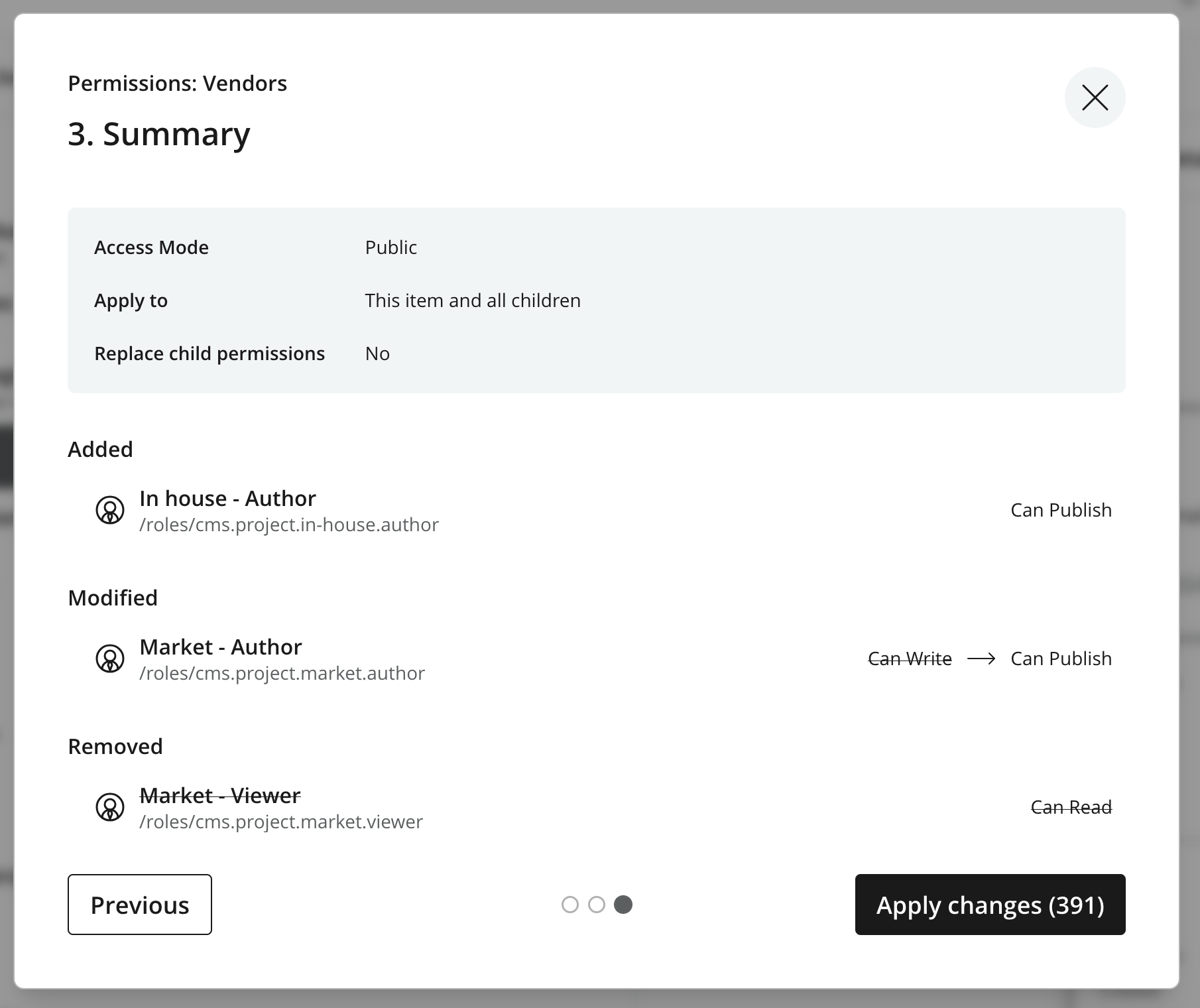 Permissions wizard summary showing the changes and where they will be applied
