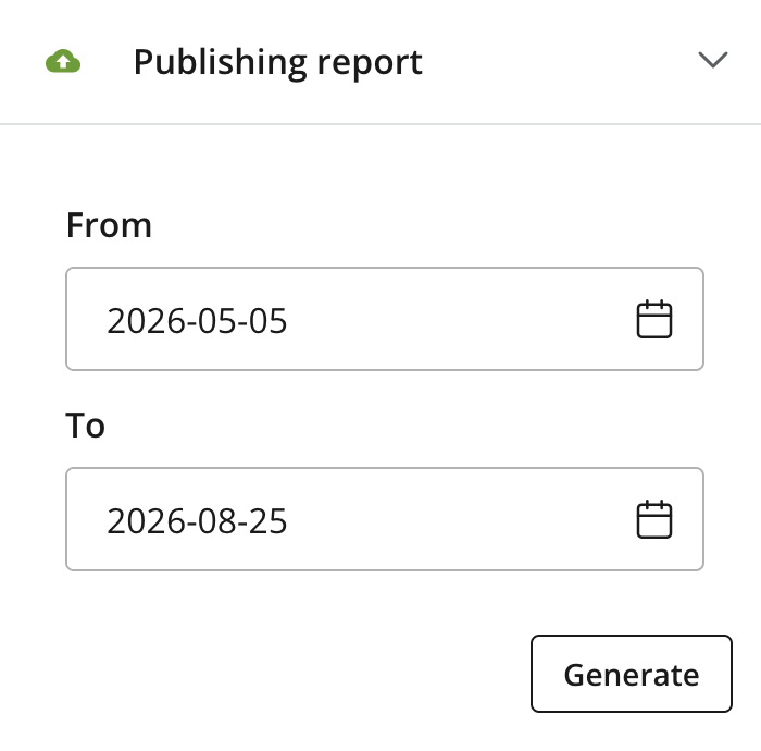 Publishing report panel showing a from and to date form with generate button
