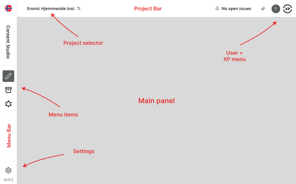 The application shell with project bar at top and menu bar on the right