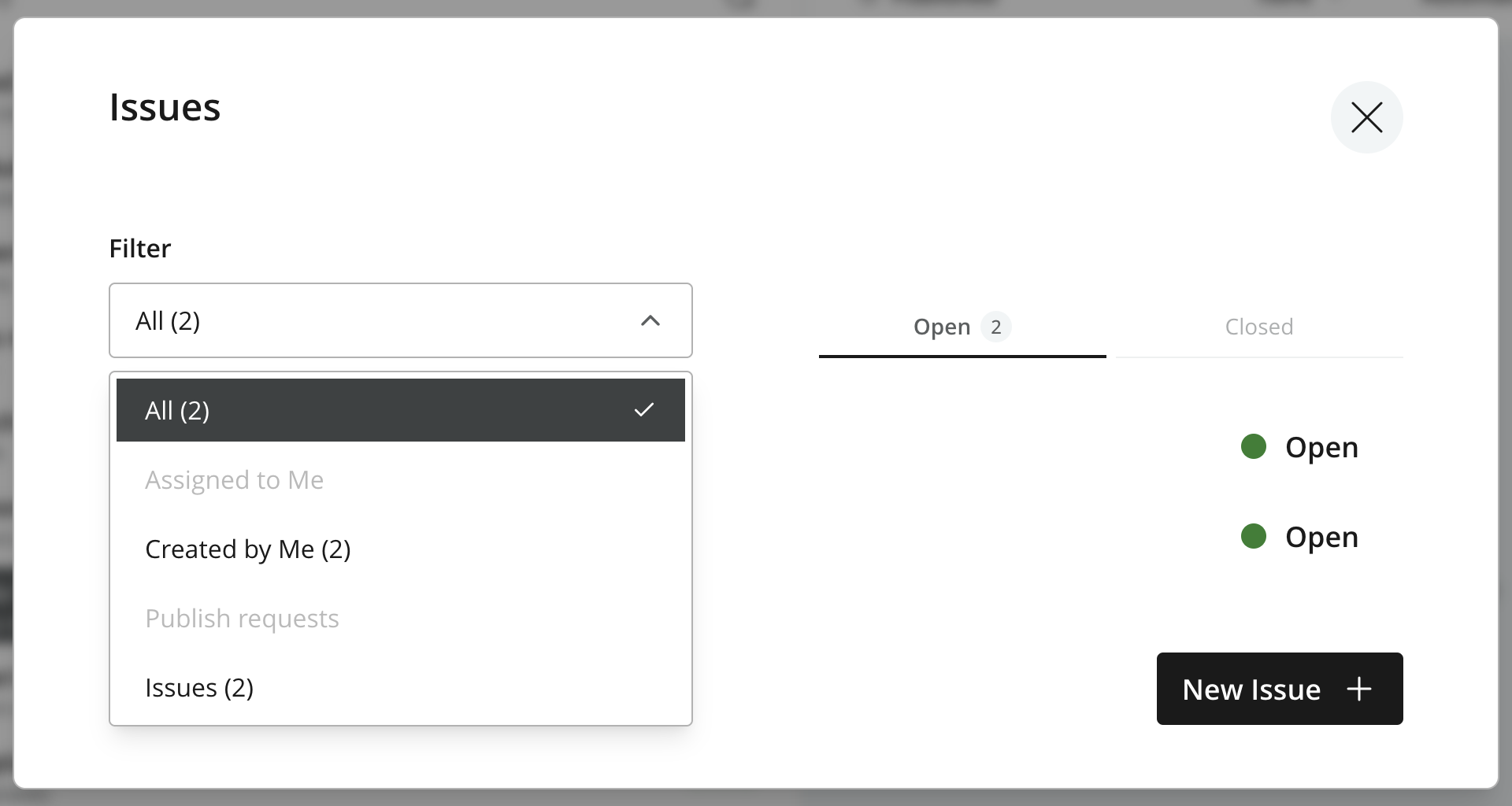 Issues filter showing All, Assigned to Me, Created by Me, Publish requests, and Issues