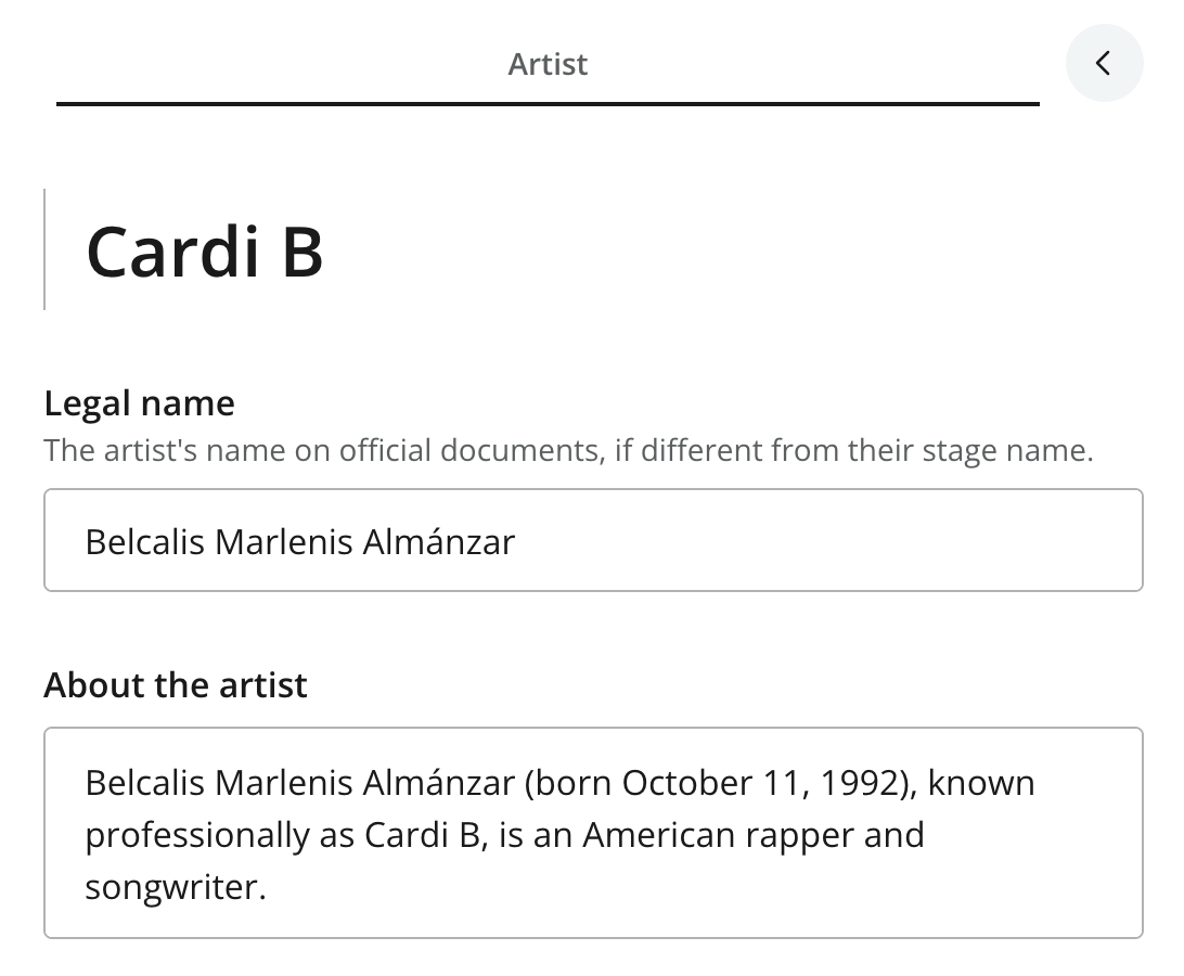 The Artist form filled out for Cardi B, with the legal name and the text about the artist