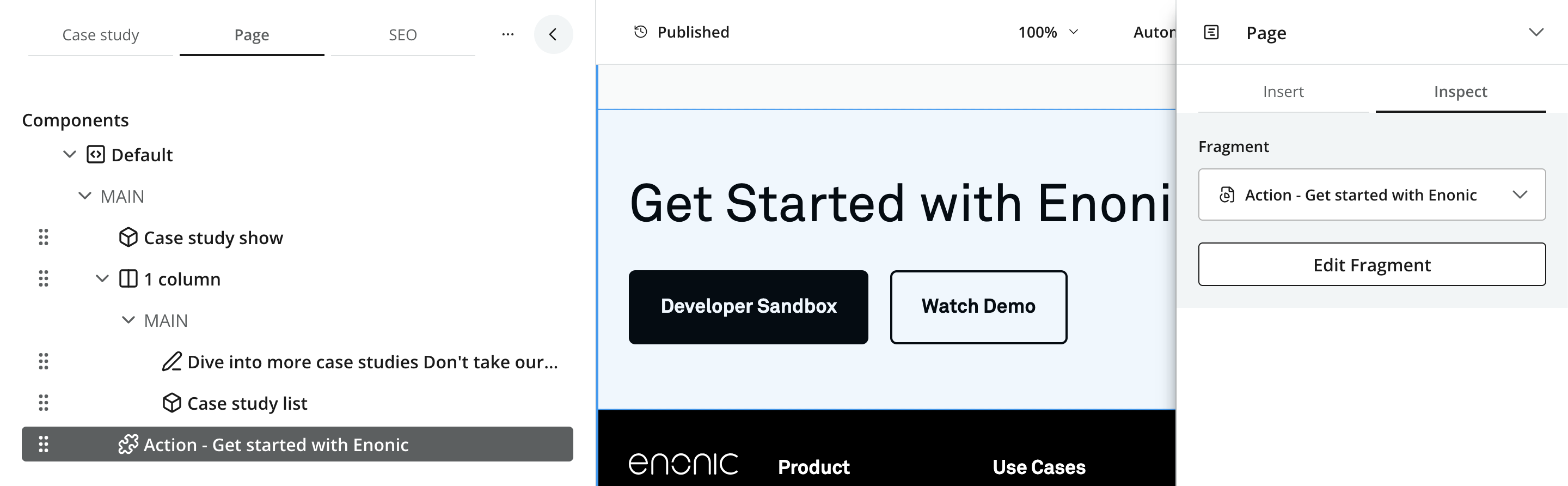 Fragment reference selected with the Edit Fragment action in the Page context panel