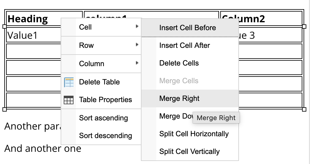 Table context menu showing cell, row, column, sorting, and table actions