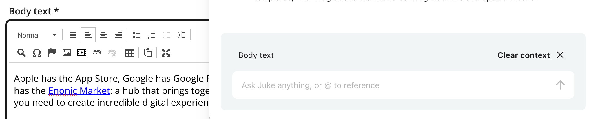 Selected Body text field beside the Juke AI prompt showing Body text as the active context and the Clear context control