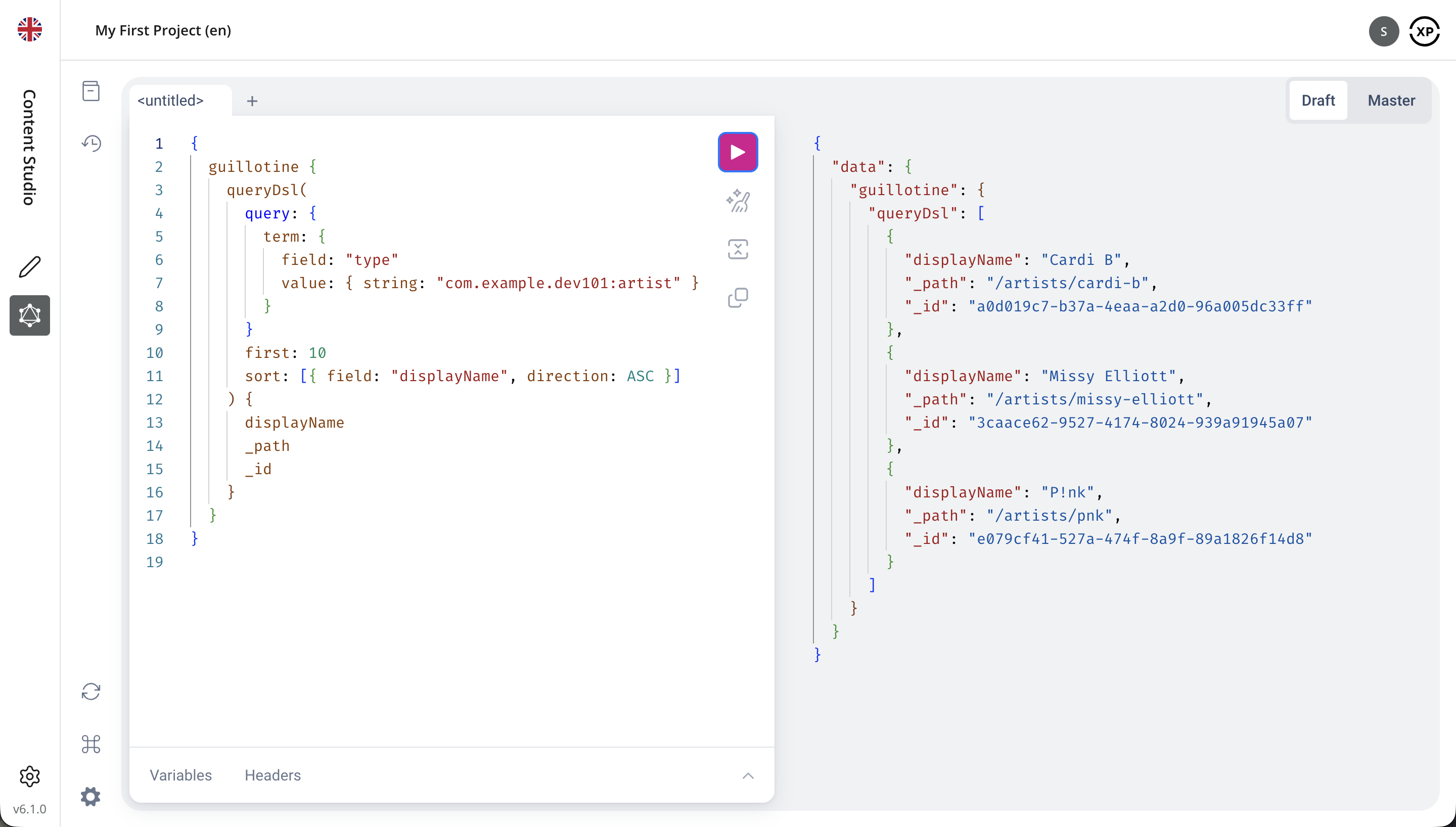 Query Playground in Content Studio, with the query editor on the left, response panel on the right, and Draft selected