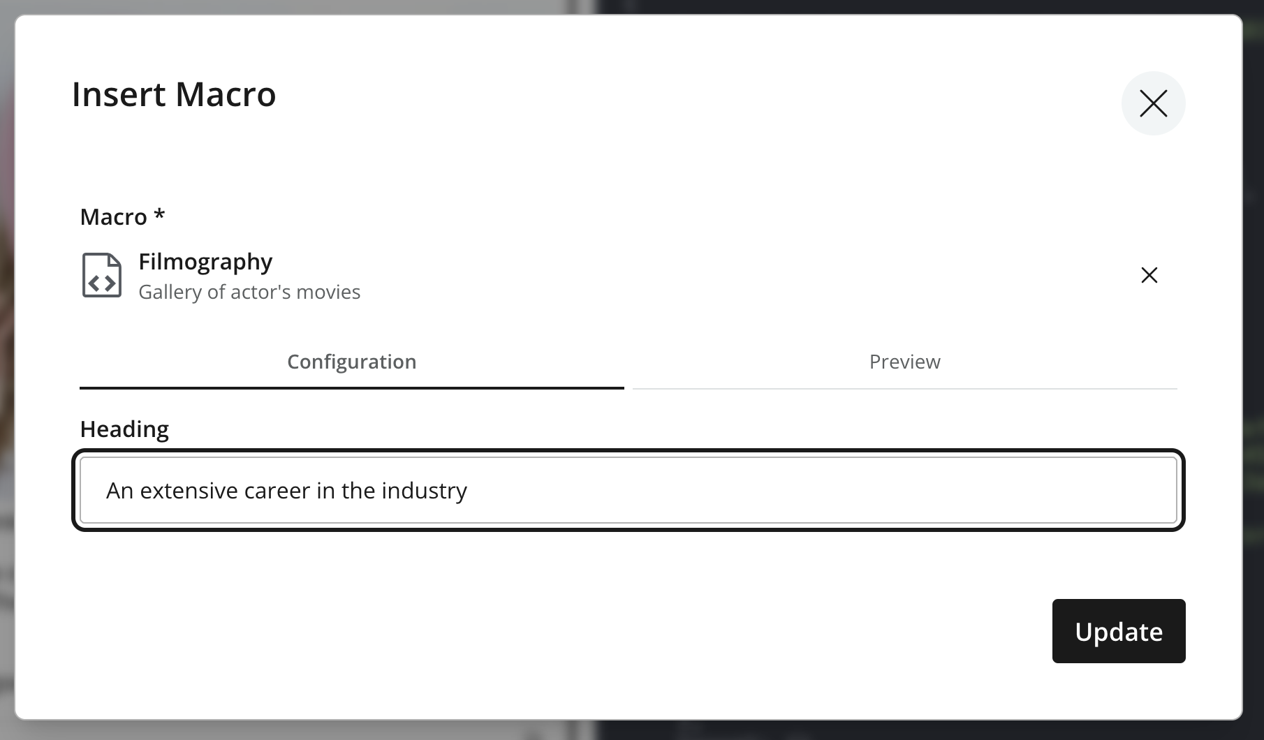 Insert Macro dialog showing a configuration form and the Preview tab