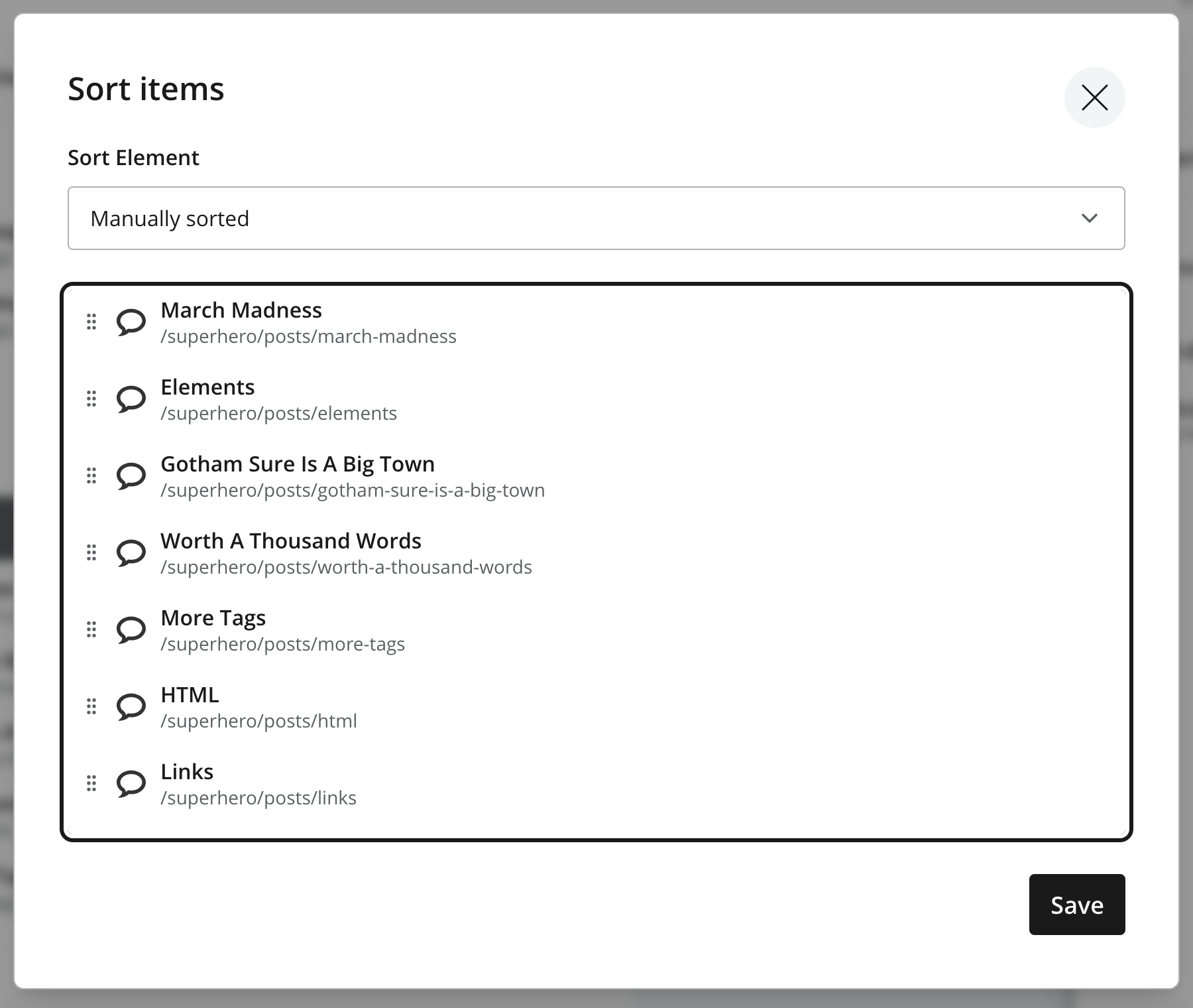 Sort items dialog with Manually sorted selected, reordered children, and Save enabled
