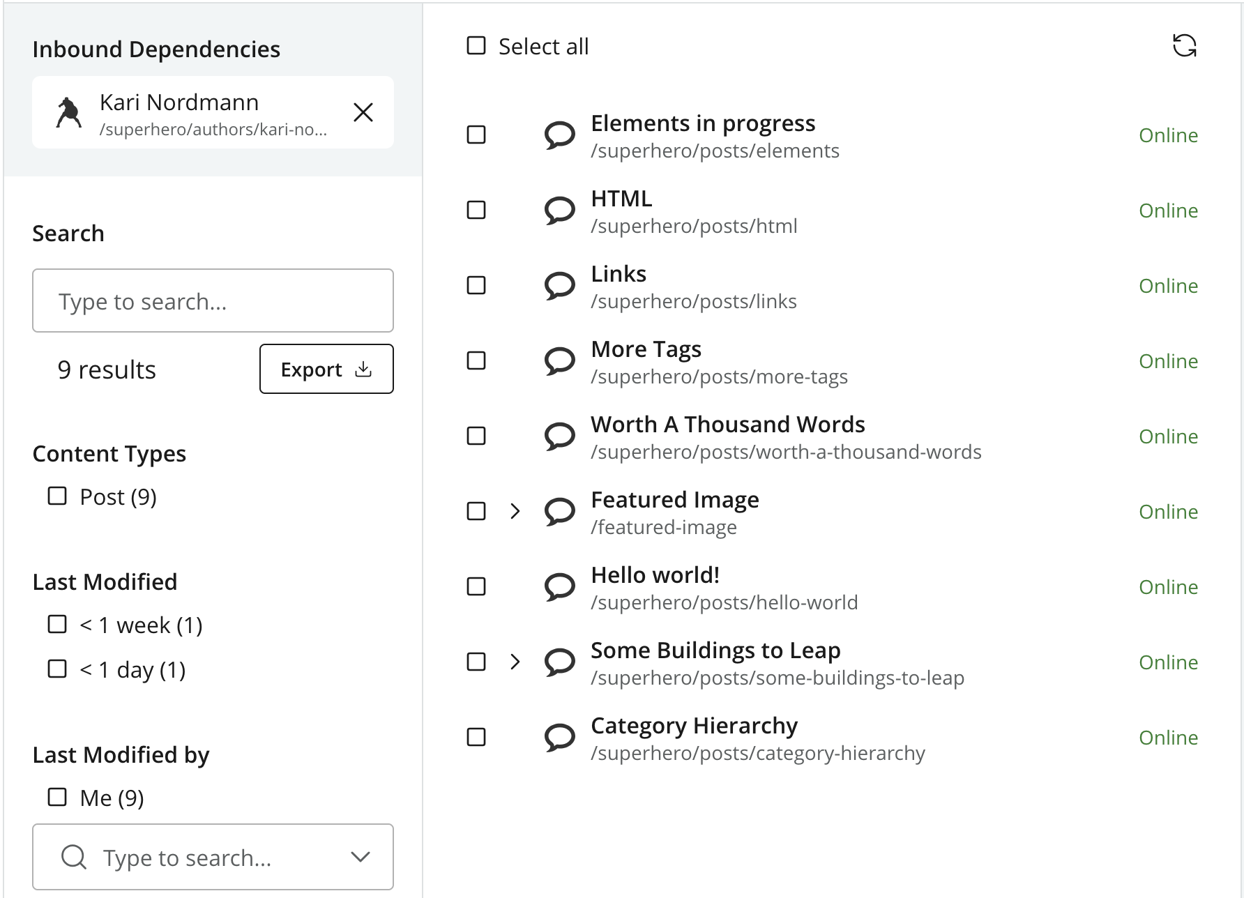 Inbound Dependencies search for Kari Nordmann showing referencing posts and their publishing states