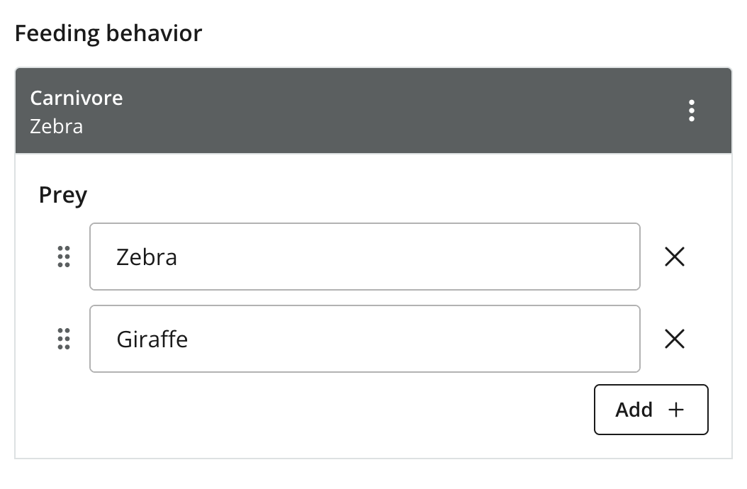 Feeding behavior option set with Carnivore selected and Zebra and Giraffe entered as prey