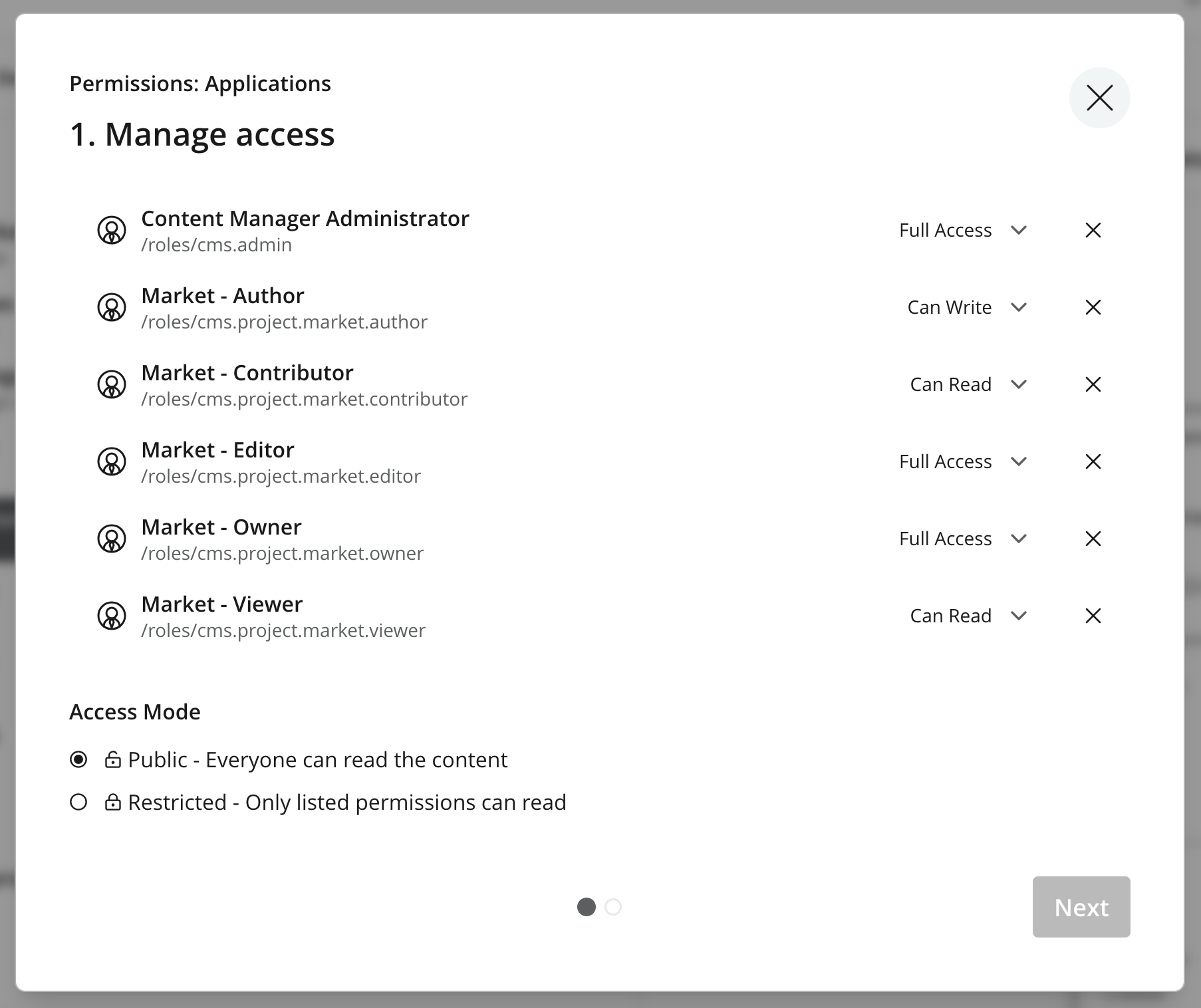 Permissions wizard step 1 listing permissions per principal