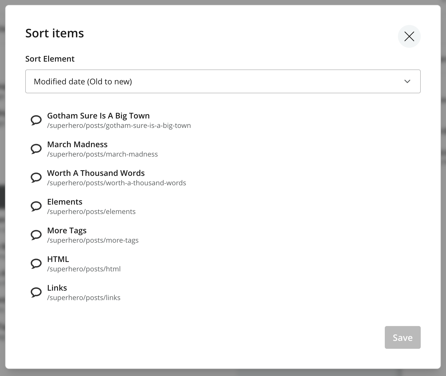 Sort items dialog with Modified date (Old to new) selected and a list of child content