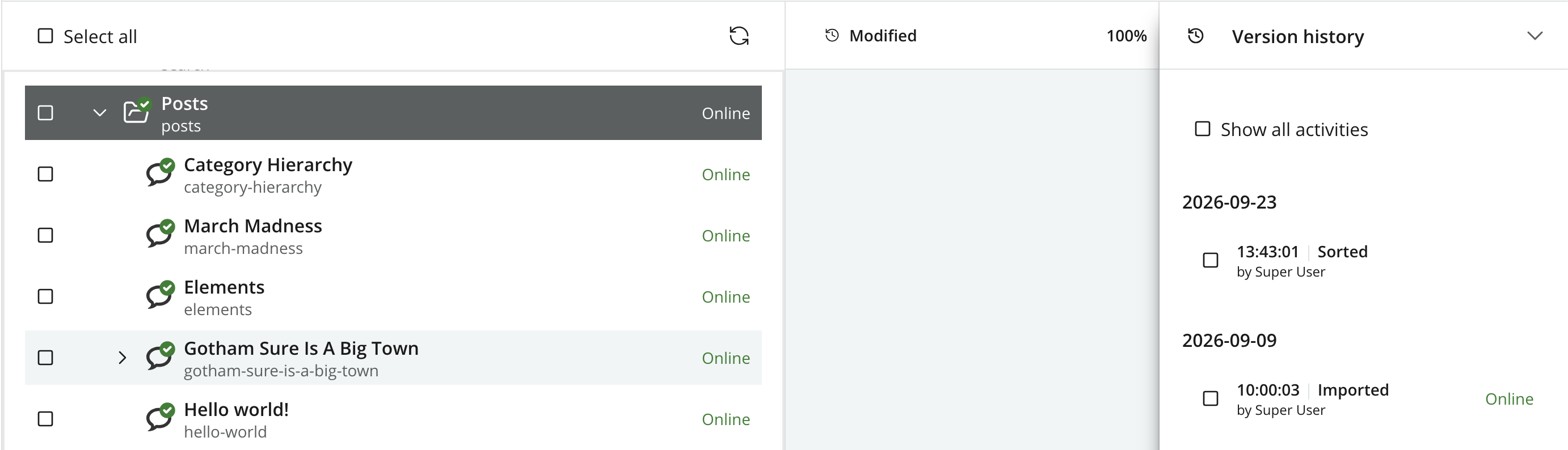 Navigator showing Posts as Online, Modified change status, and a Sorted entry in Version history