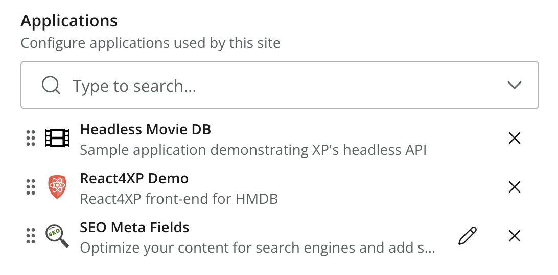 Applications field with selected applications and their available actions