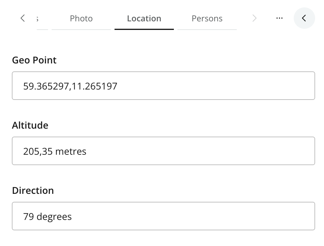 Location tab with geographic coordinates, altitude, and camera direction