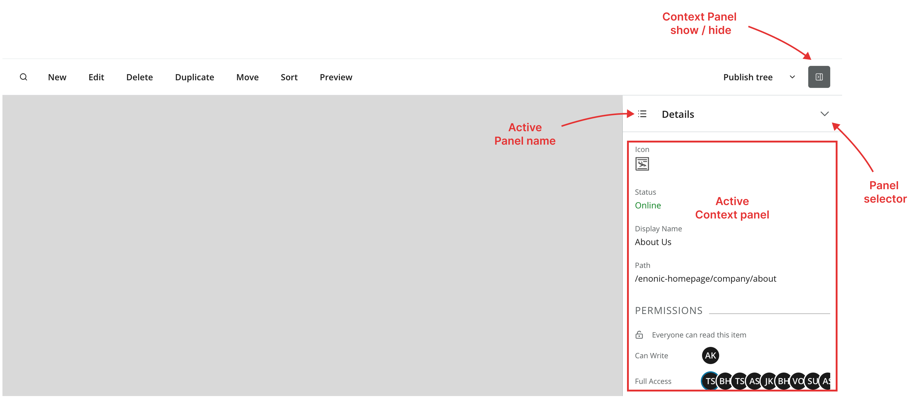 Illustration showing the various elements of context panel with toggle selector and active panel