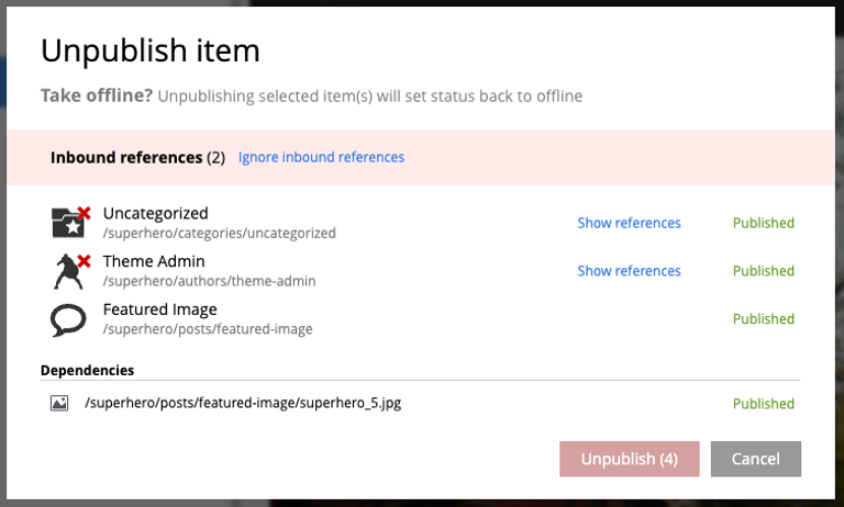 Reference check in the Unpublish dialog