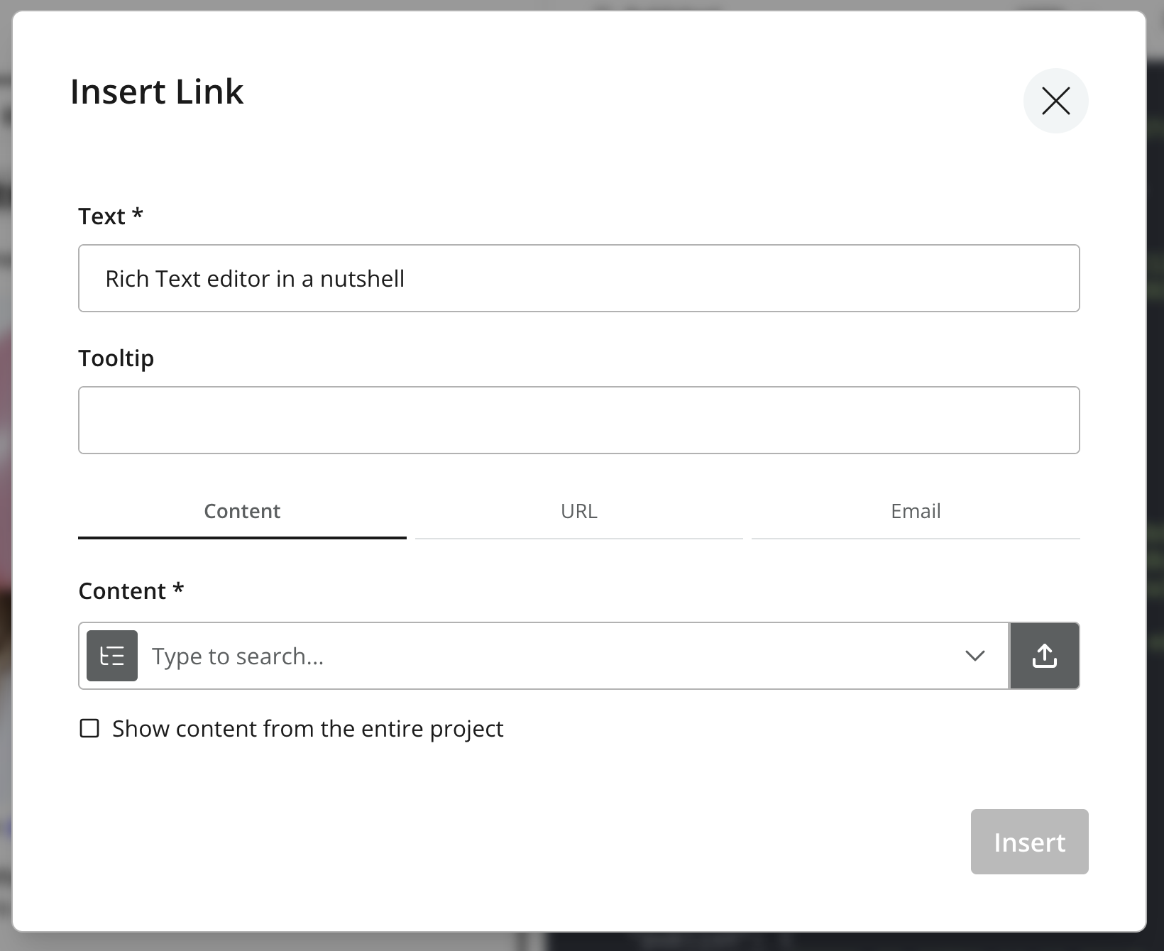 Insert Link dialog showing the Content, URL, and Email link types