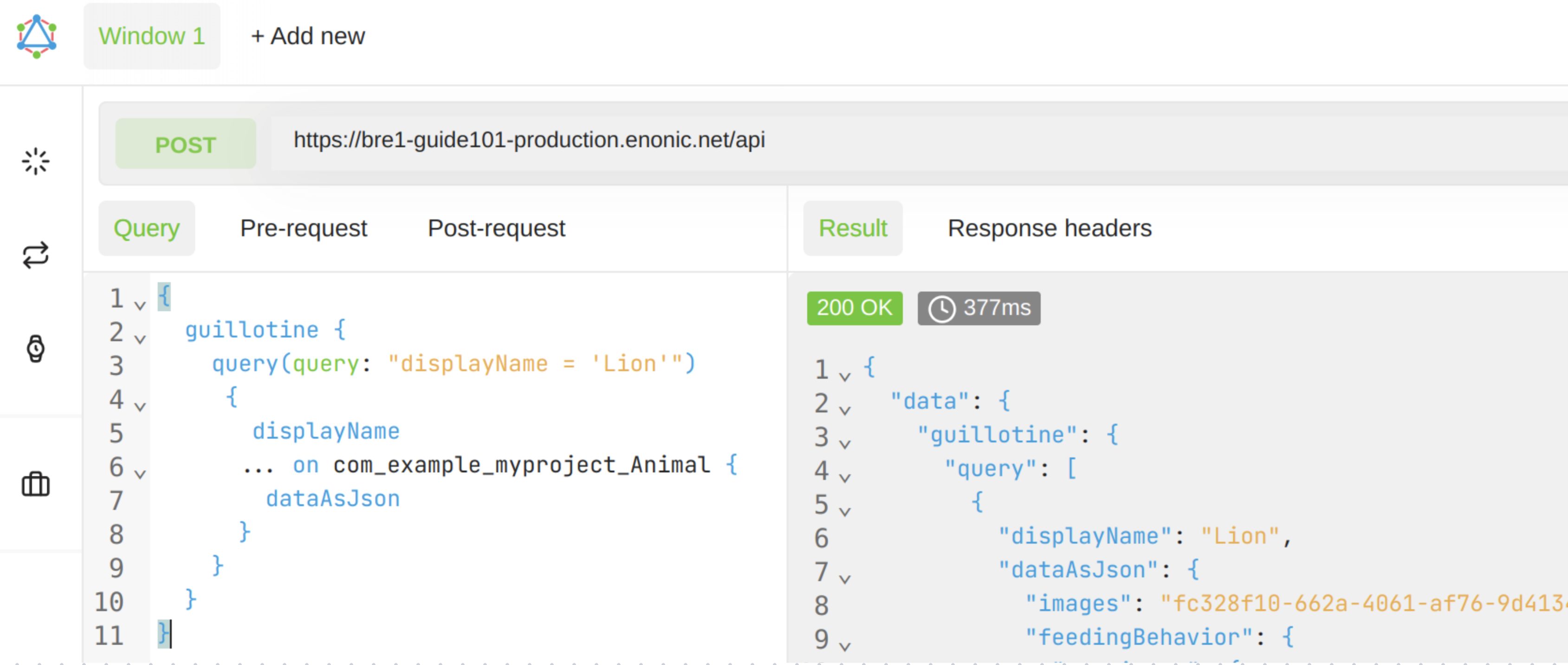 Altair GraphQL client querying Lion animal data on the "/api" route defined on cloud console
