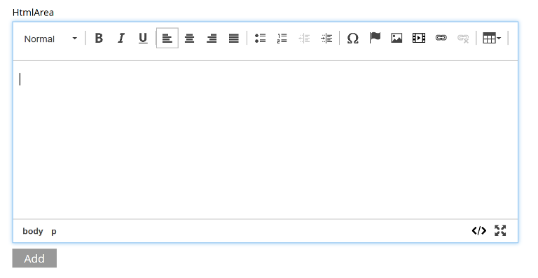 Input field with a toolbar at the top. Source and fullscreen buttons on the bottom left