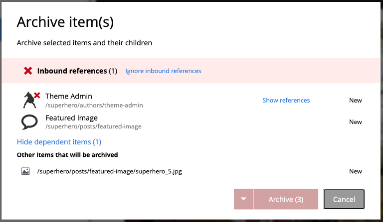 Reference check in the Archive item(s) dialog