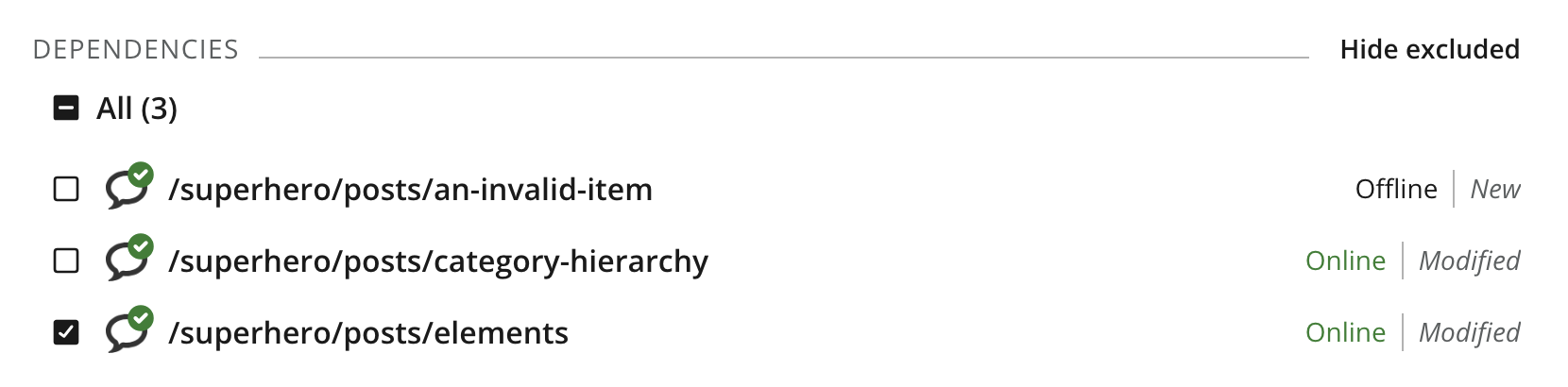 Dependencies list with one of three items selected and a Hide excluded control