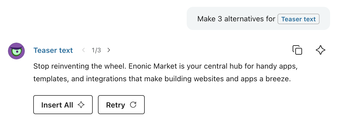 Teaser text suggestion with previous and next arrows, a 1/3 counter, Copy, Insert, Insert All, and Retry