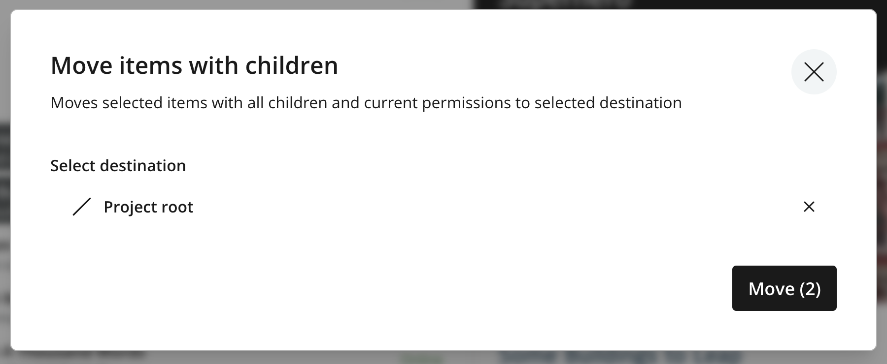 Move dialog with Project root selected and Move (2) enabled