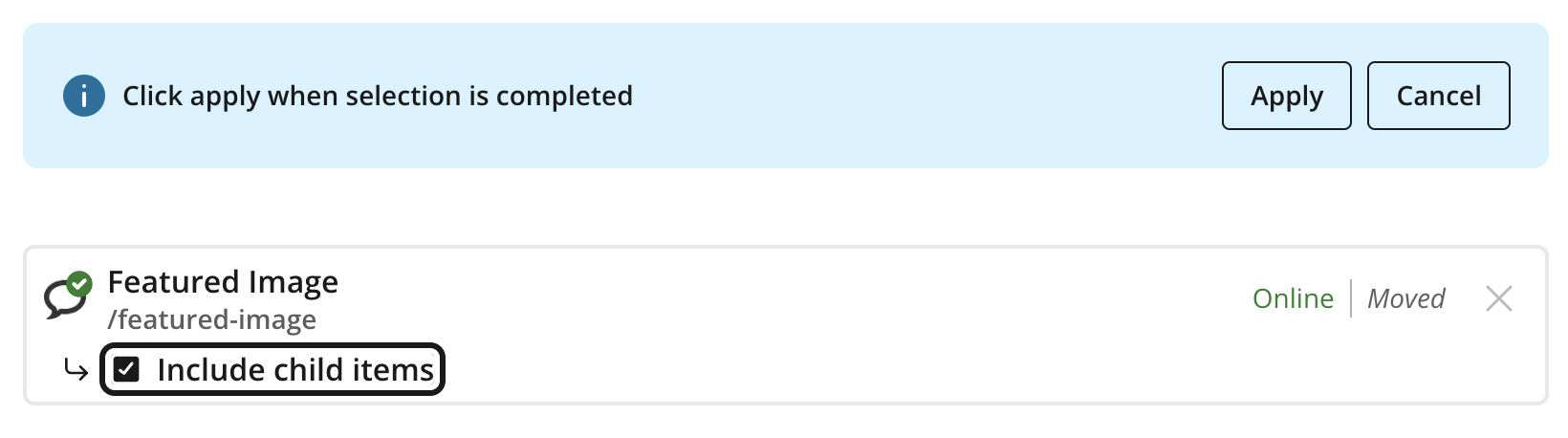 Include child items selected with Apply and Cancel controls in the status bar