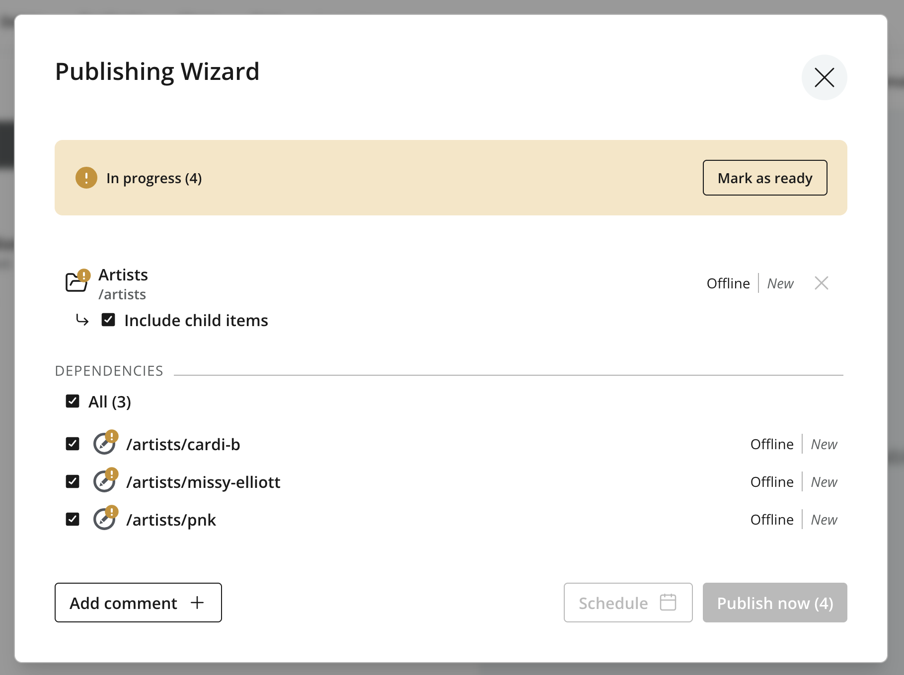 Once the include child items checkbox is selected and Apply is clicked - all the unpublished child items are also listed