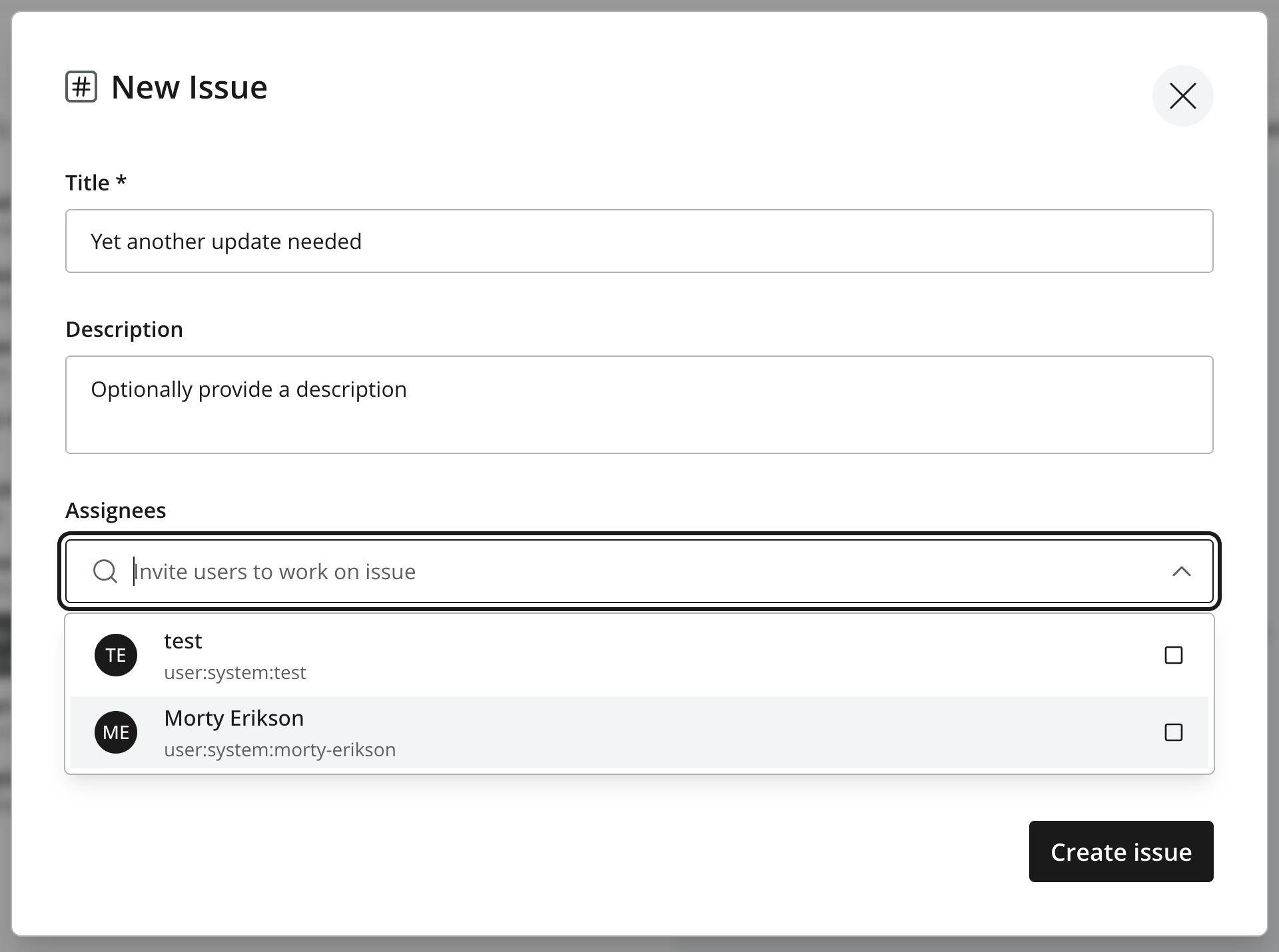 New Issue dialog with Title, Description, Assignees selector, and Create issue button