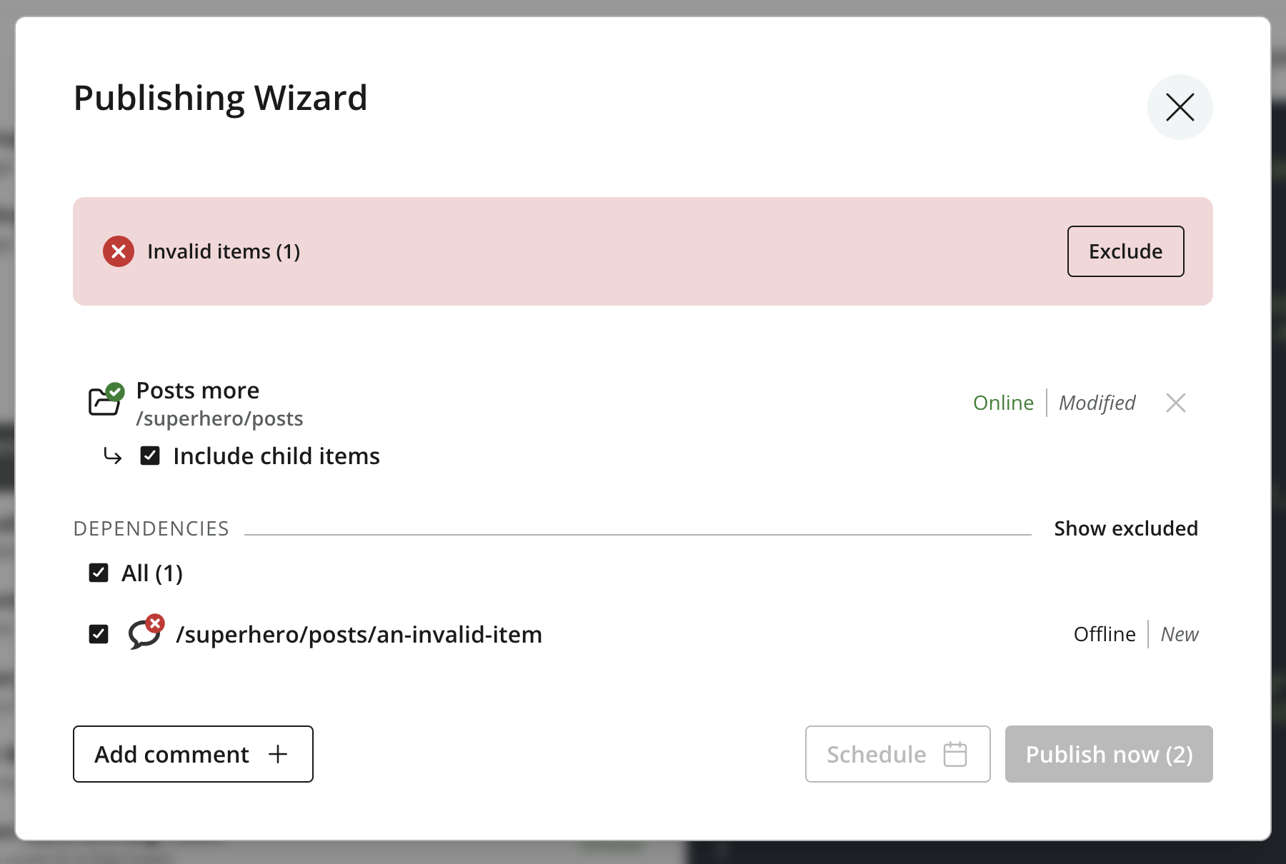 Publishing Wizard with an Invalid items warning, an invalid dependency, and disabled publishing buttons