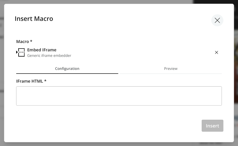 Showing the macro dialog with the built-in iframe macro pre-selected