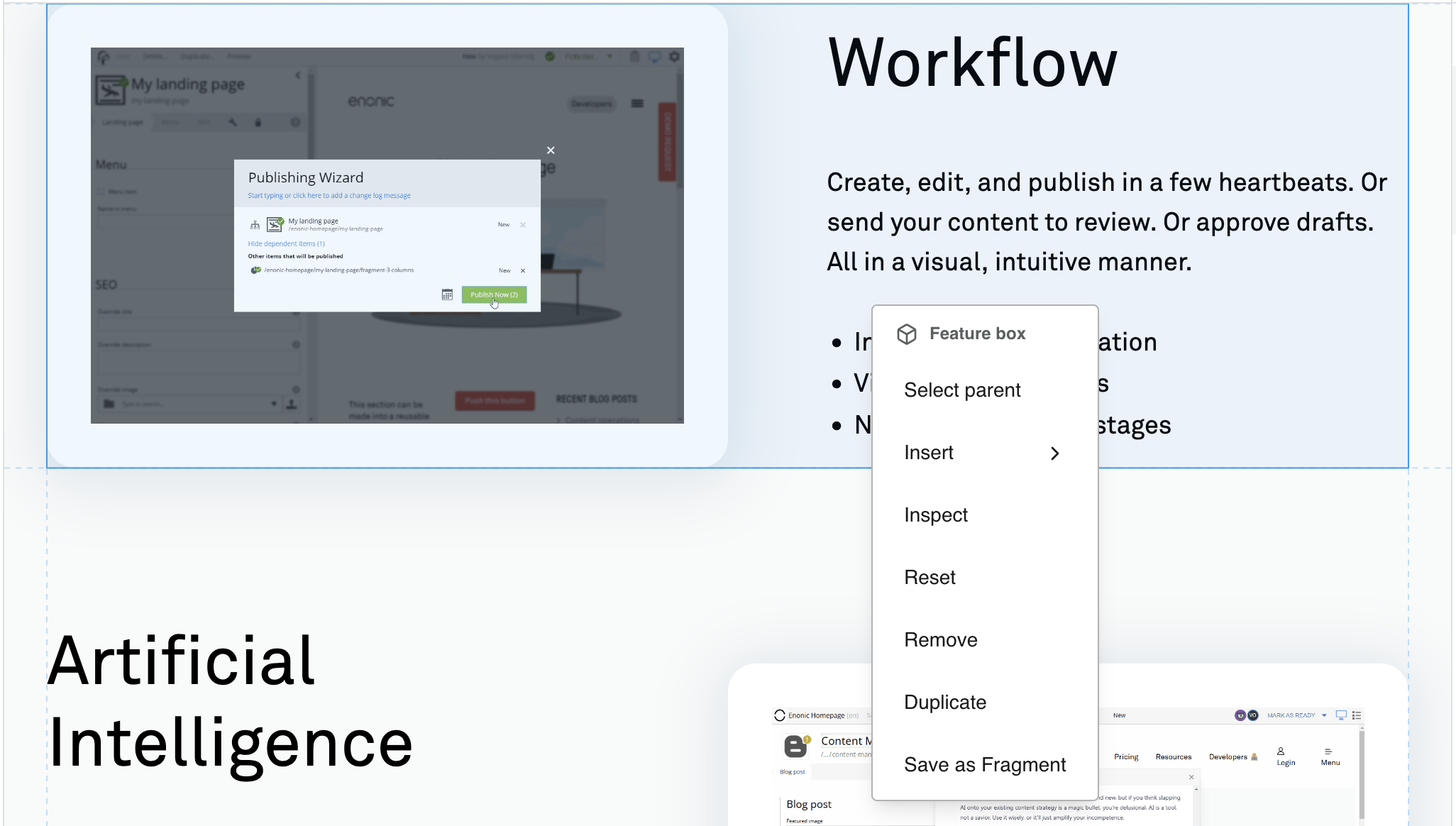 Context menu on an element selected directly in the page preview