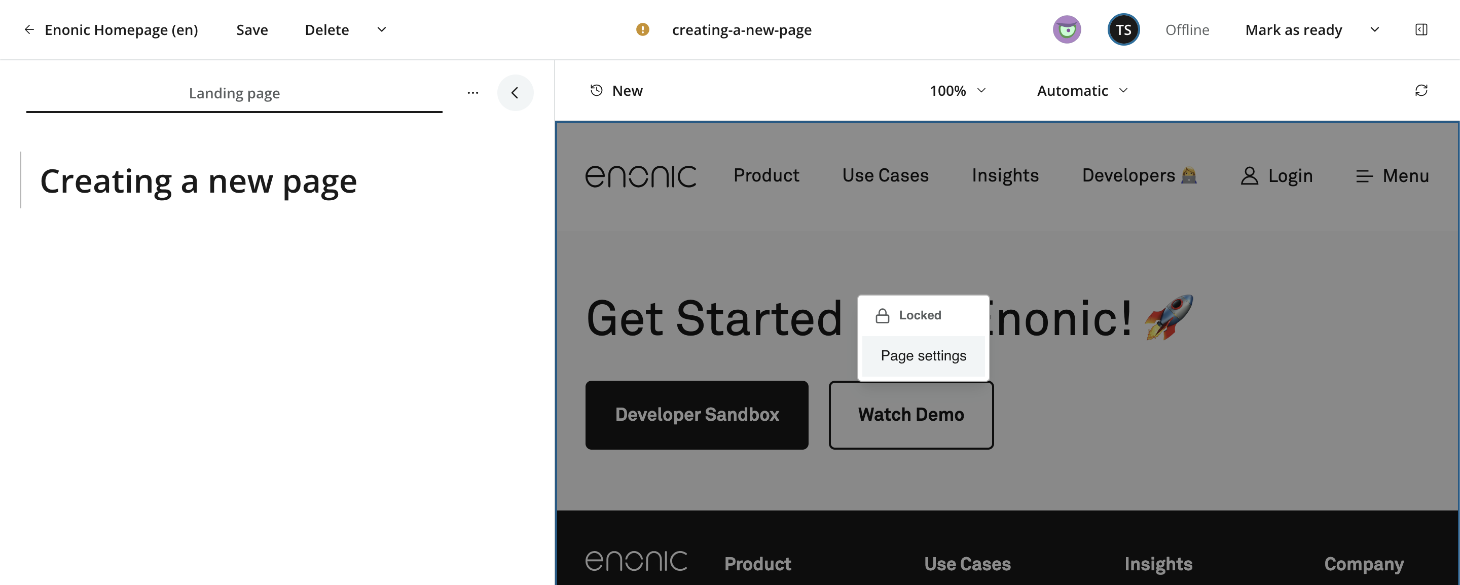 Locked page preview with a context menu containing Page settings
