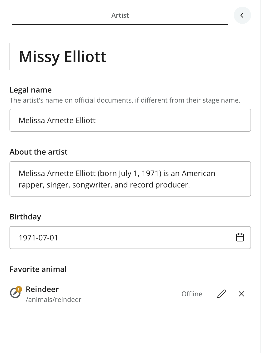 Artist form for Missy Elliott with Reindeer selected as her favorite animal