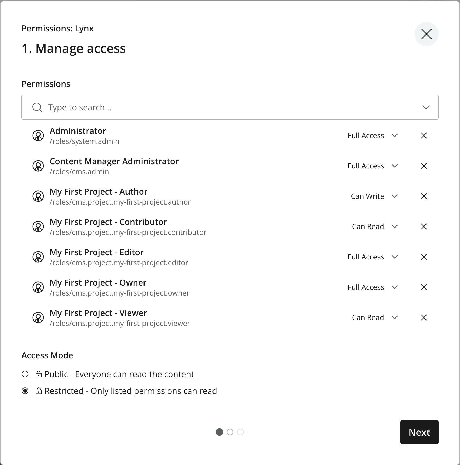 Permissions wizard for Lynx showing the project roles and Restricted access selected