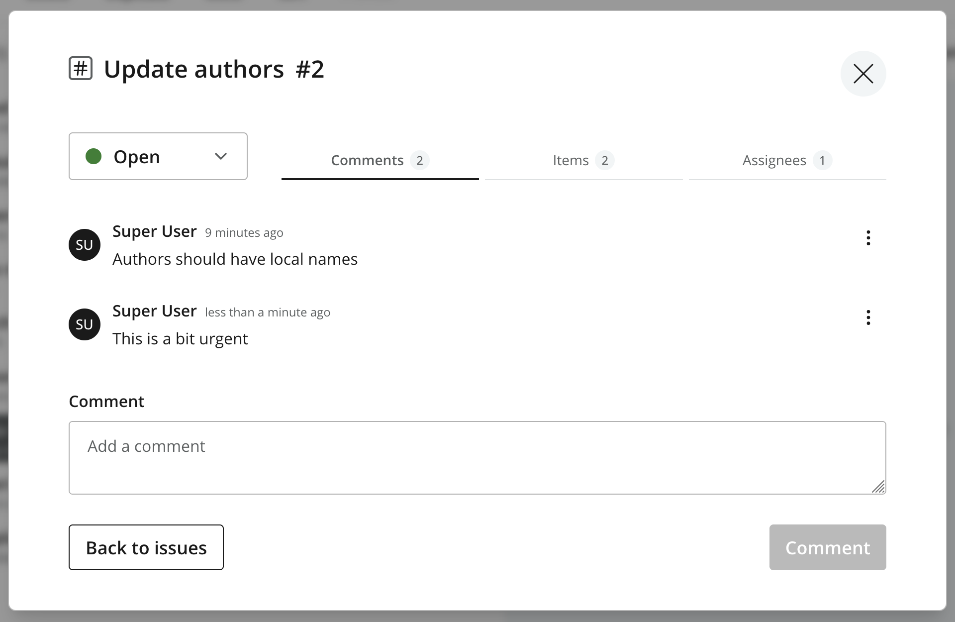 Open issue with Comments, Items, and Assignees tabs, existing comments, and a Comment field