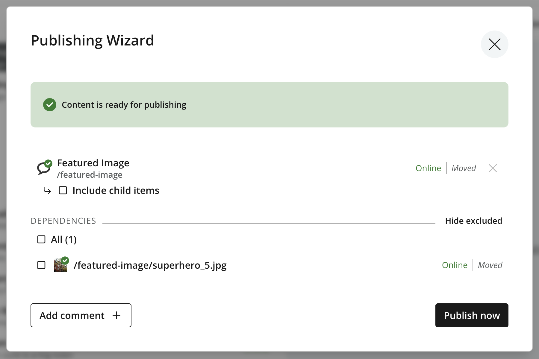 Publishing Wizard showing a ready item, Include child items, an unchecked dependency, Add comment, and Publish now